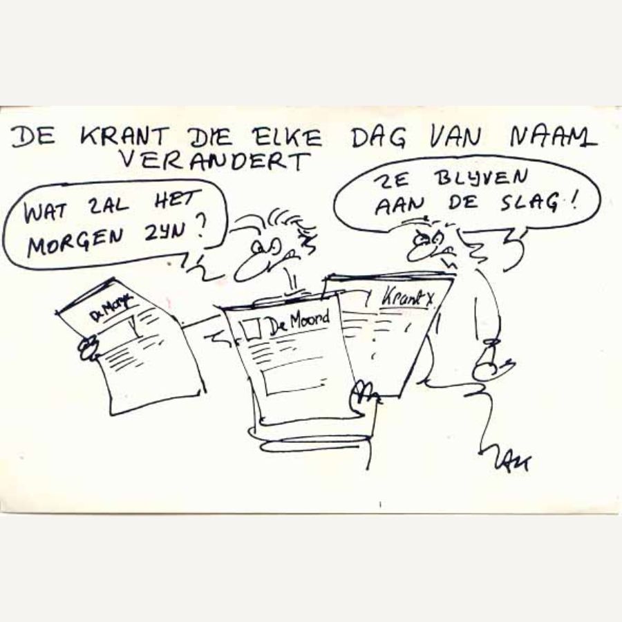 Aufkleber mit Text: Die Zeitung, die jeden Tag ihren Namen ändert. Wie wird sie morgen heißen?